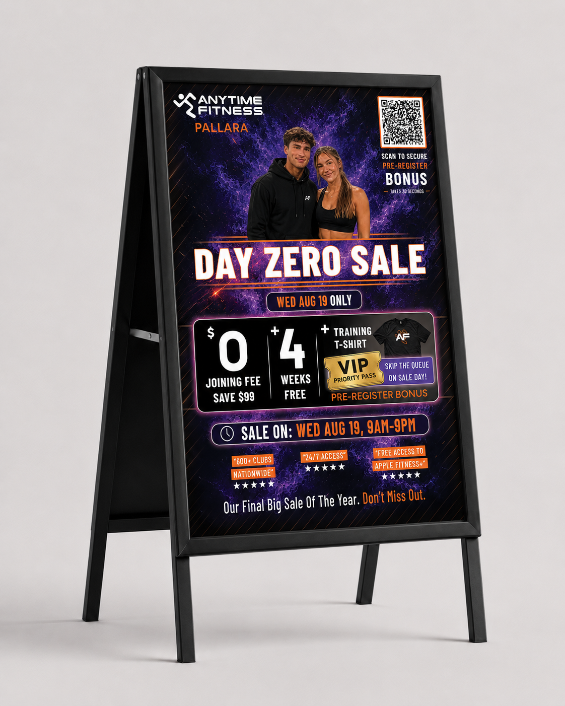 Day Zero Sale VIP Priority Pass A-frame artwork for Anytime Fitness Pallara